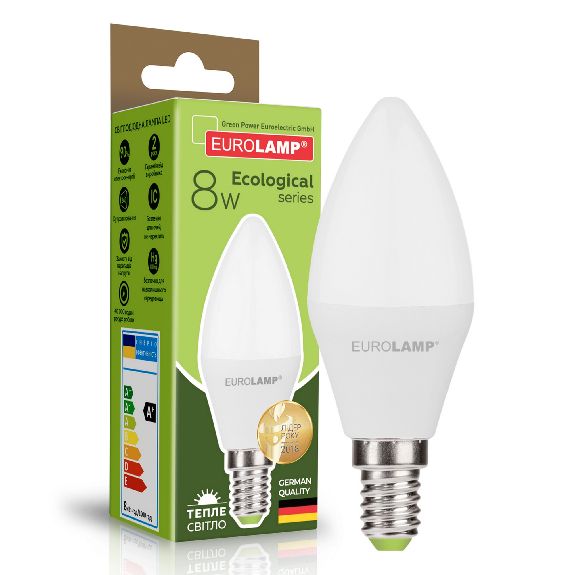 Характеристики светодиодная лампа мощностью 8 вт Eurolamp LED "Свеча" EKO 8W E14 3000K