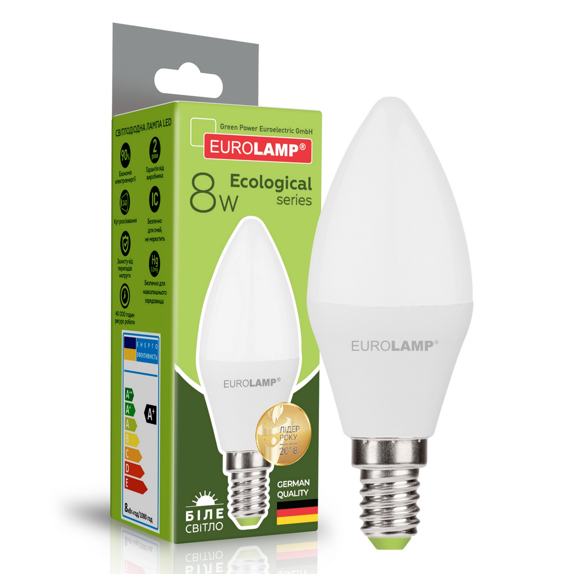 Світлодіодна лампа потужністю 8 Вт Eurolamp LED "Свічка" EKO 8W E14 4000K
