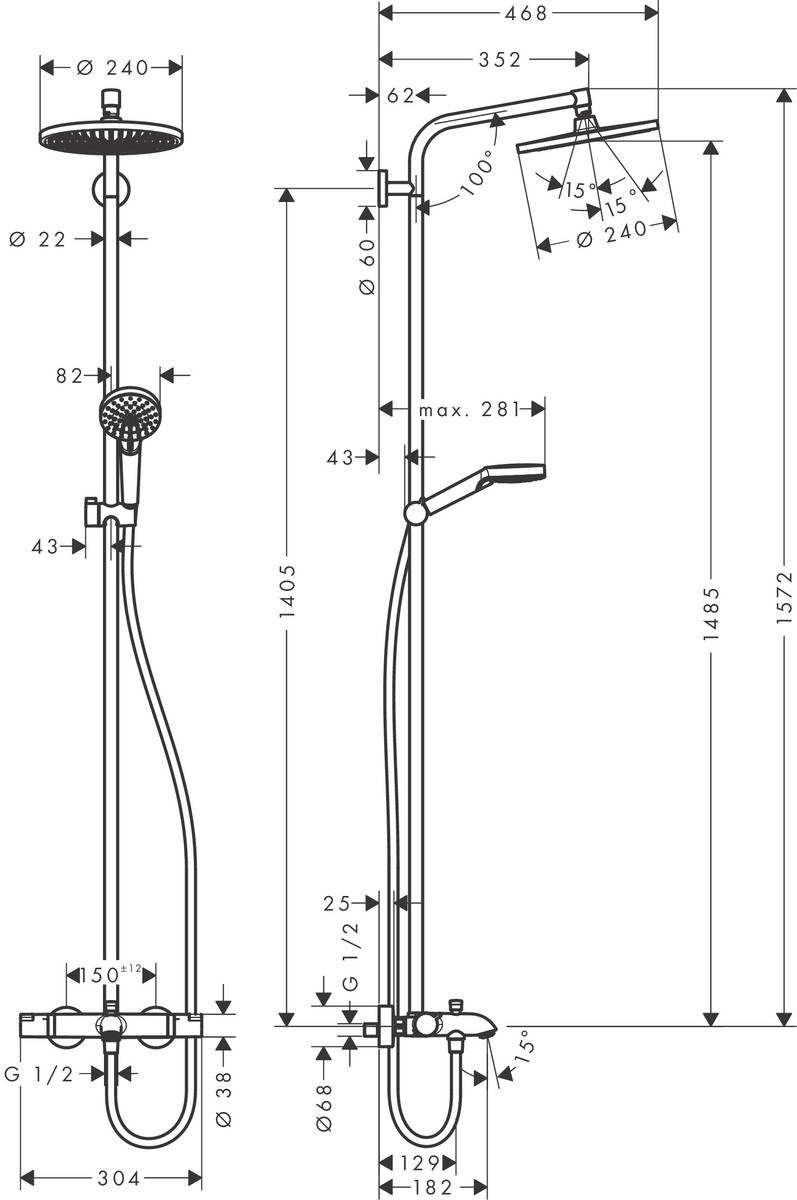 Hansgrohe Crometta S 240 Showerpipe 27320000 Габаритные размеры