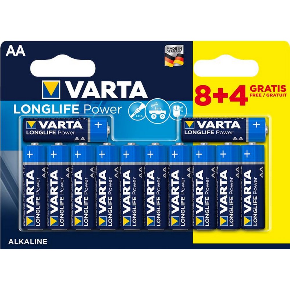 Ціна батарейки 12 штук Varta Longlife Power AA [BLI 12 (8+4) Alkaline] в Києві