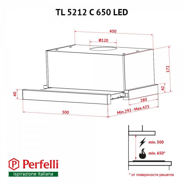 Perfelli TL 5212 C WH 650 LED Габаритные размеры