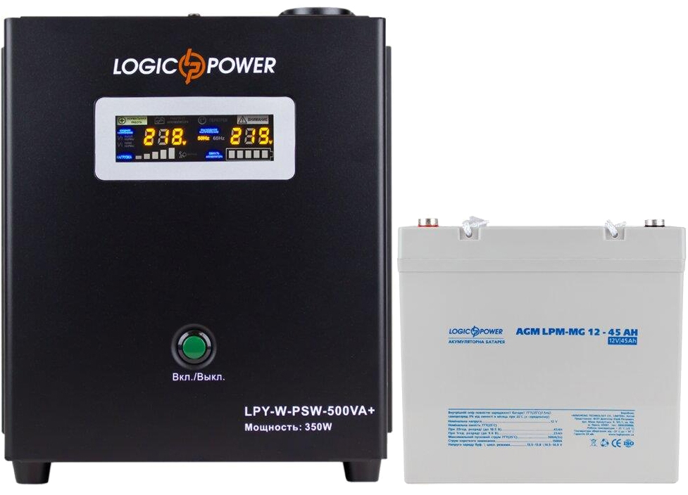 Інструкція комплект резервного живлення  LogicPower LPY-W-PSW-500VA + гелевий акумулятор AGM LPM-MG 12V-55Ah (14012)
