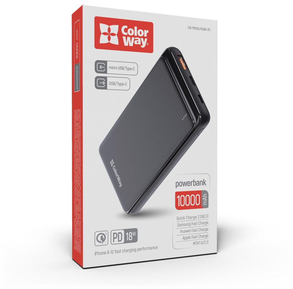 Повербанк с 2 USB ColorWay Slim 10 000 mAh (CW-PB100LPG3BK-PD)
