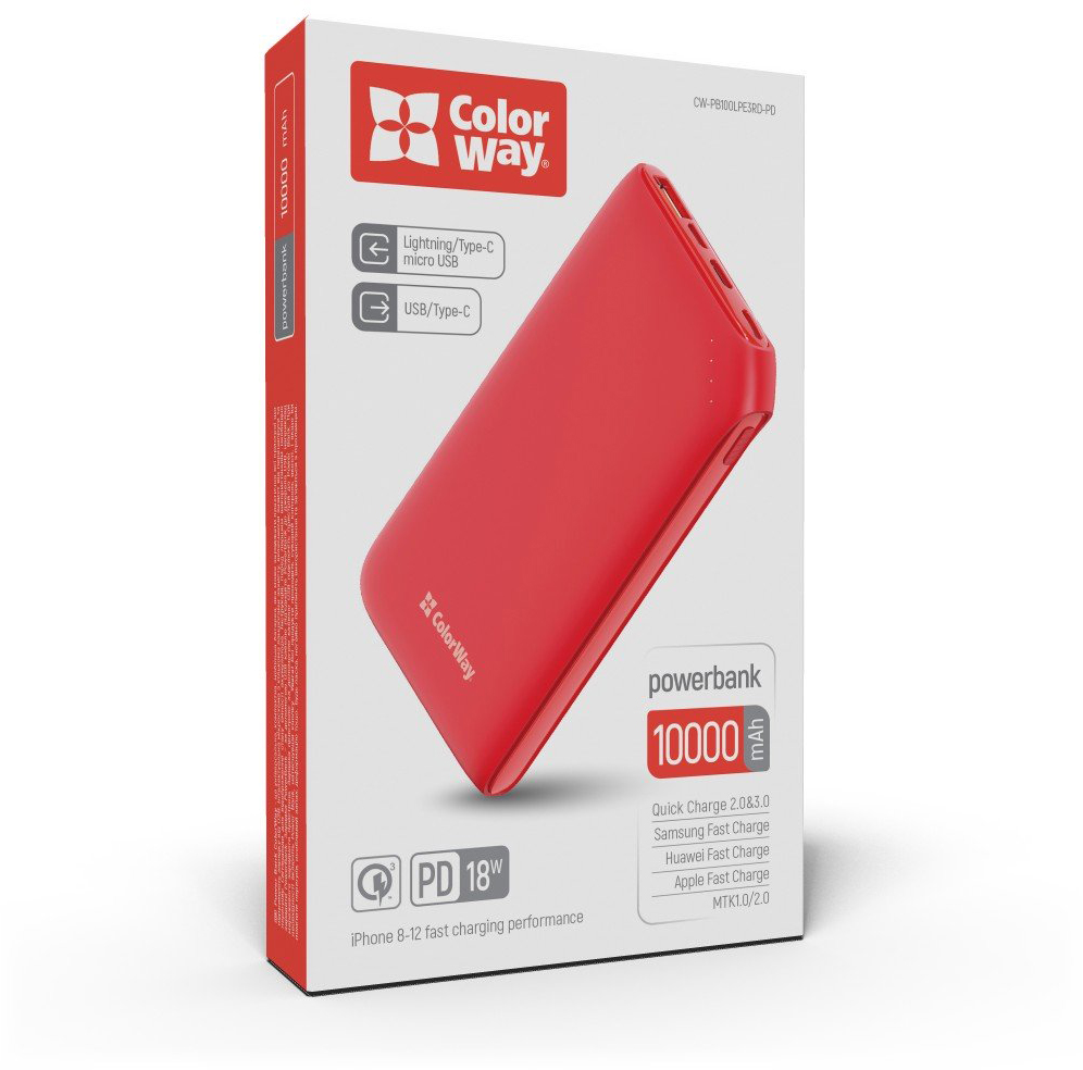 Красный повербанк ColorWay Soft touch 10 000 mAh (CW-PB100LPE3RD-PD)