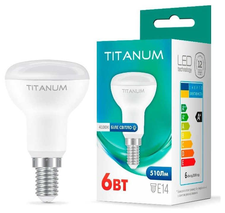 Характеристики світлодіодна лампа з цоколем e14 Titanum R50 6W E14 4100K (TLR5006144)