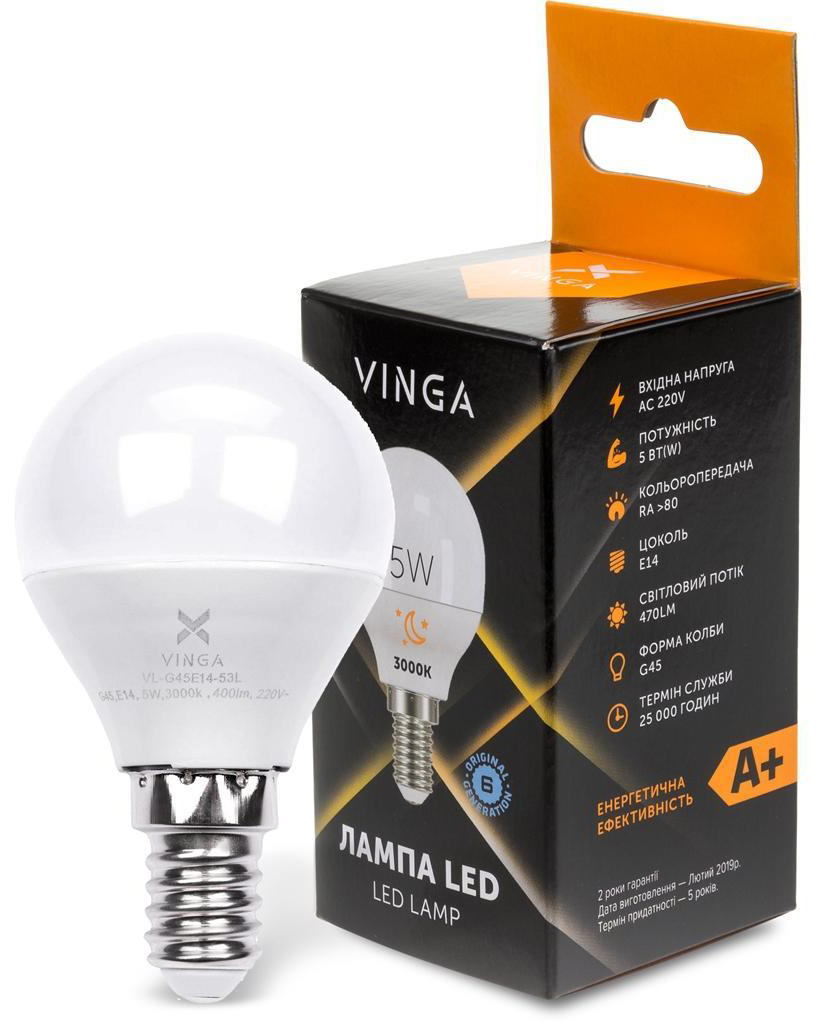 Характеристики лампа vinga світлодіодна Vinga VL-G45E14-53L