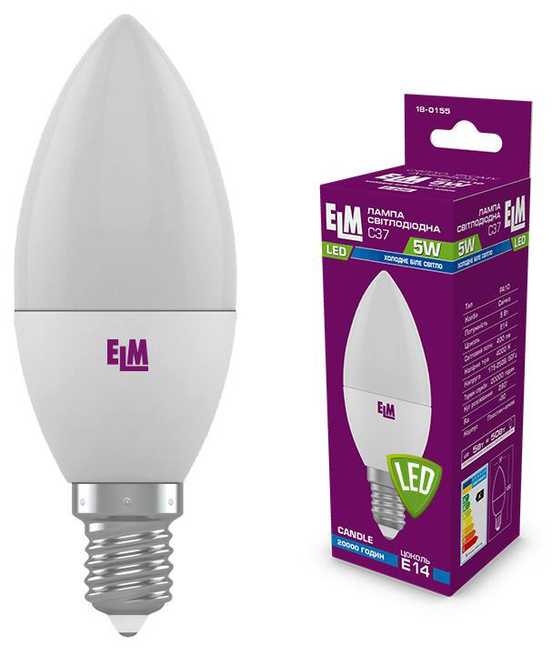 Светодиодная лампа форма свеча ELM C37 5W PA10 E14 4000K (18-0155)
