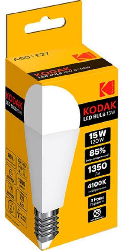 Лампа Kodak світлодіодна Kodak A60 E27 15W 4100K (30420113/B-IK1)