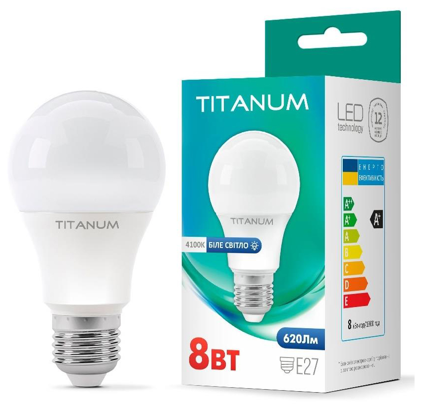 Характеристики лампа titanum светодиодная Titanum A60 8W E27 4100K (TLA6008274)