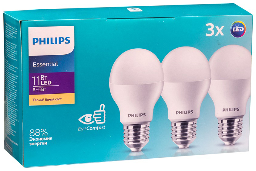 Светодиодная лампа Philips ESSLEDBulb 11W E27 3000K набор 3 шт (929002299547) в интернет-магазине, главное фото