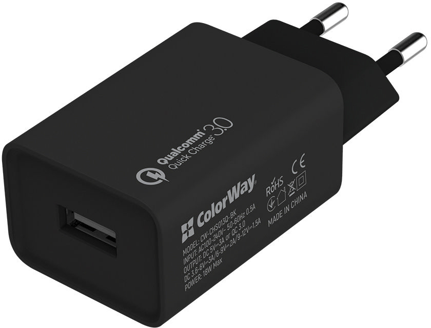 Характеристики зарядное устройство ColorWay 1USB QC3.0 18W + cable micro USB (CW-CHS013QCM-BK)