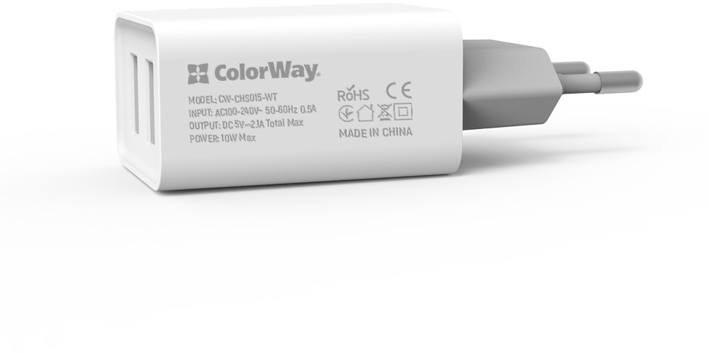 Купити зарядний пристрій ColorWay 2USB 2.1A 10W (CW-CHS015-WT) в Києві