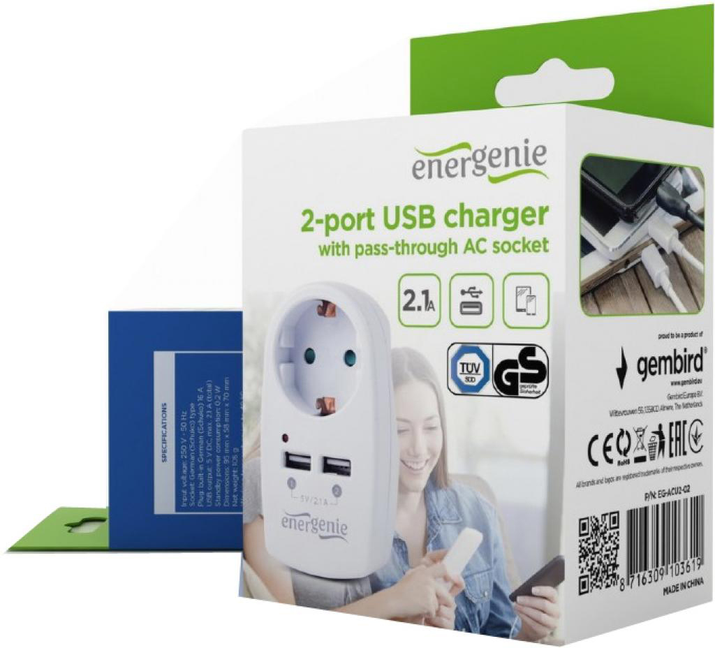в продажу Зарядний пристрій EnerGenie 2 USB x 2.1A (EG-ACU2-02) - фото 3