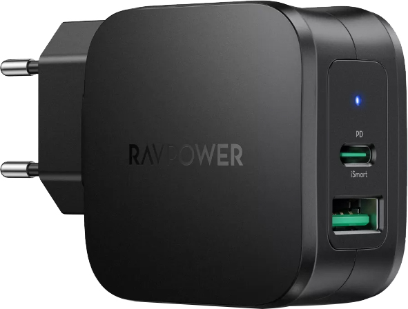 Ціна зарядний пристрій RAVPower RP-PC144 Charger 30W PD USB-C + USB-A Black (75-02000-572) в Києві