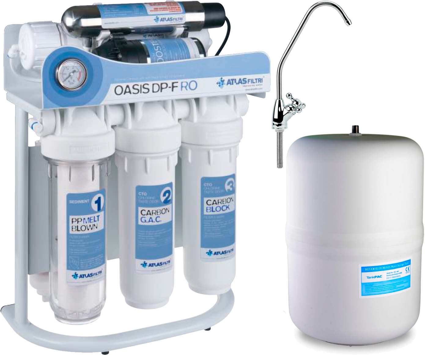 Фильтр 7 этапов очистки Atlas Filtri Oasis DP-F PUMP-UV (УФ-лампа, насос, минерализатор) с каркасом RE6075360