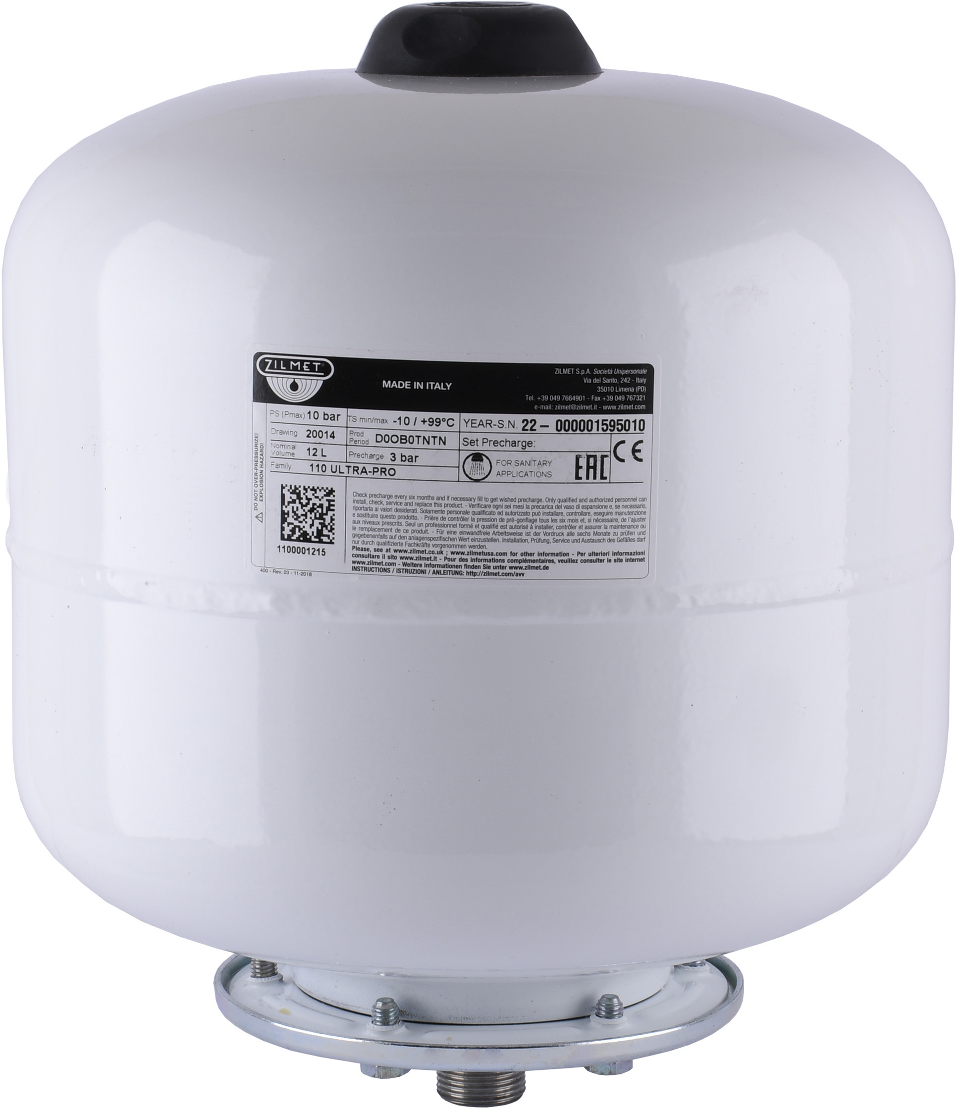 Характеристики розширювальний бак для питної води на 12 л Zilmet Ultra-Pro  12 (1100001215)