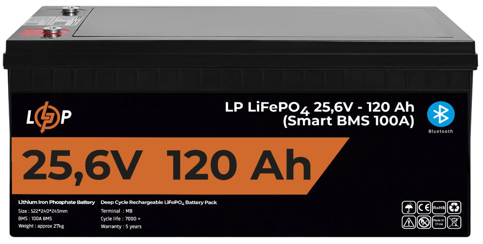 Акумулятор 120 A·h LogicPower LP LiFePO4 25.6V - 120 Ah (3072Wh) (Smart BMS 100A) з BT пластик для ДБЖ