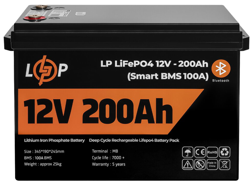 Акумулятор 200 A·h LogicPower LP LiFePO4 12V (12.8V) - 200 Ah (2560Wh) (Smart BMS 100A) з BT пластик для ДБЖ