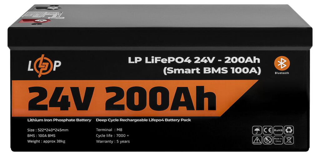 Акумулятор 24 В LogicPower LP LiFePO4 24V (25.6V) - 200 Ah (5120Wh) (Smart BMS 100A) з BT пластик для ДБЖ