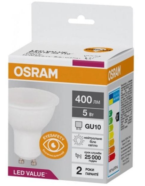Характеристики світлодіодна лампа Osram Led Value PAR16 GU10 5W 4000K 220V (4058075689541)