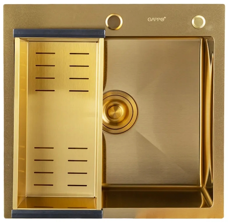 Кухонна мийка Gappo GS 5050-3 500x500 мм сифон+коландер, золото PVD
